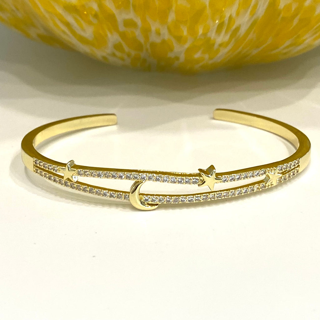Pave CZ Moon and Star Cuff Bracelet - Gold