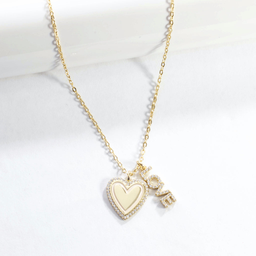 Heart and Love CZ Pendant Necklace - Gold