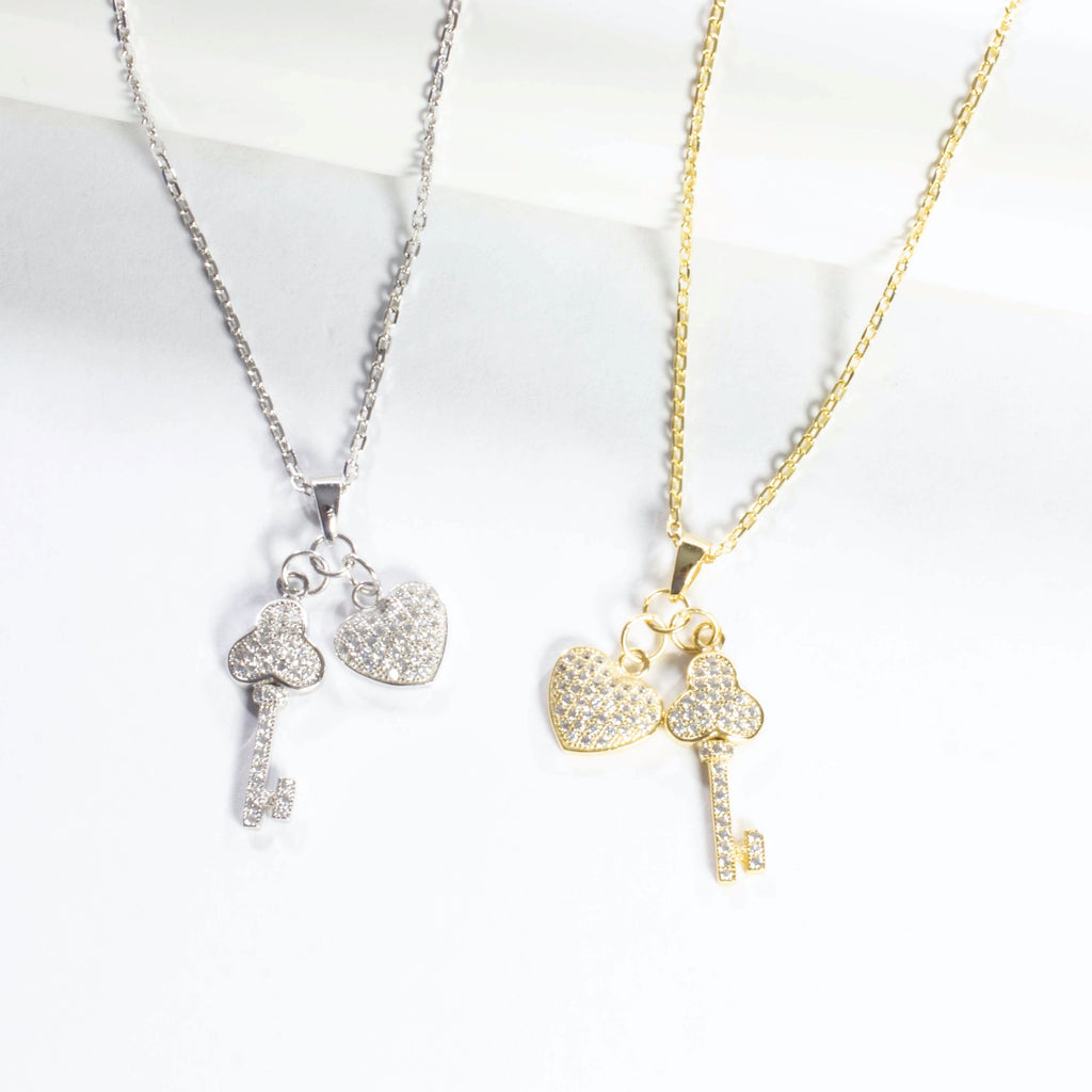 Pave Heart and Key Pendant Necklace
