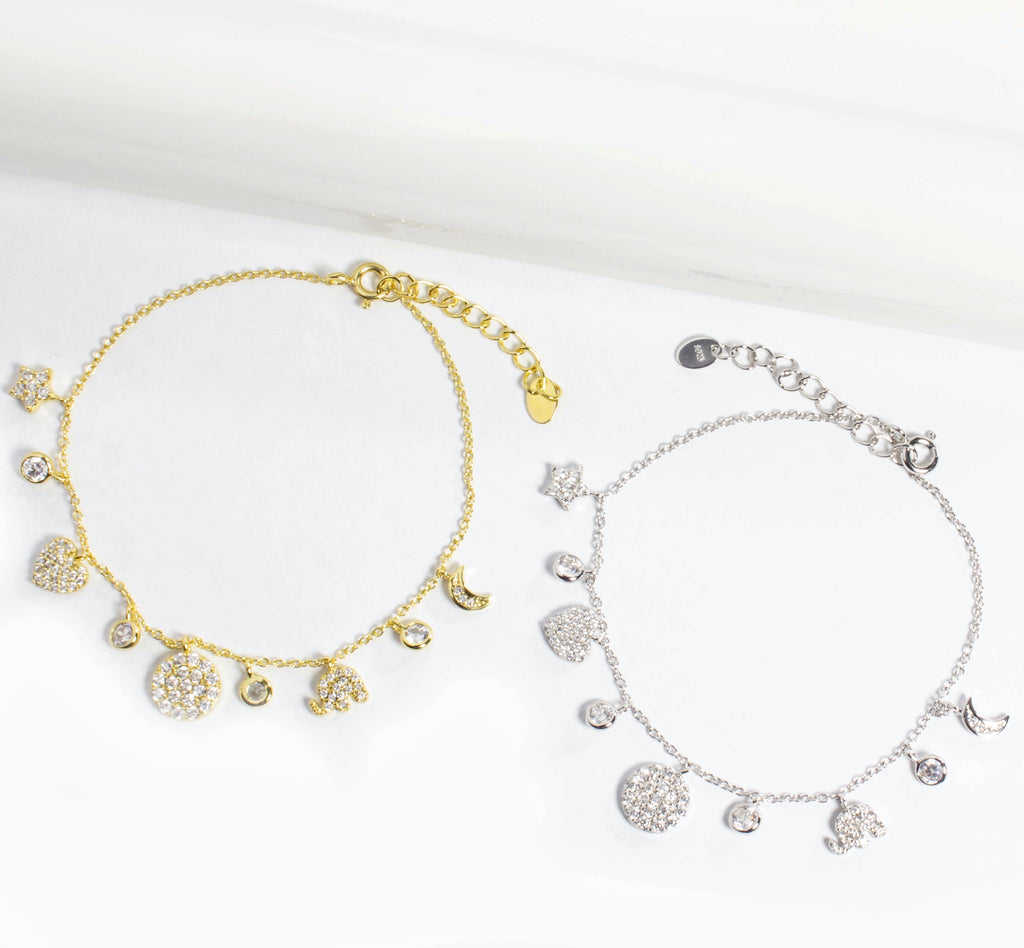 Multi Charm CZ Bracelet - Gold or Silver