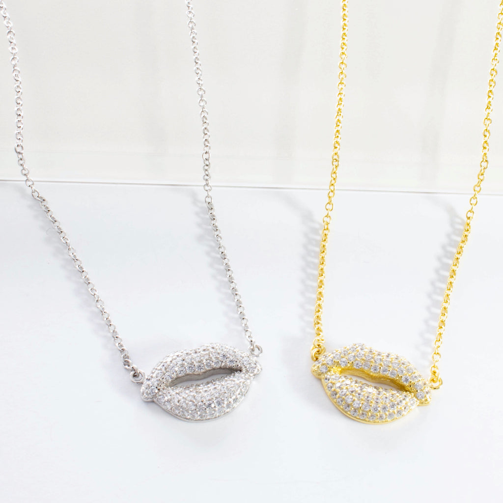Pave Lips Pendant Necklace - Gold or Silver