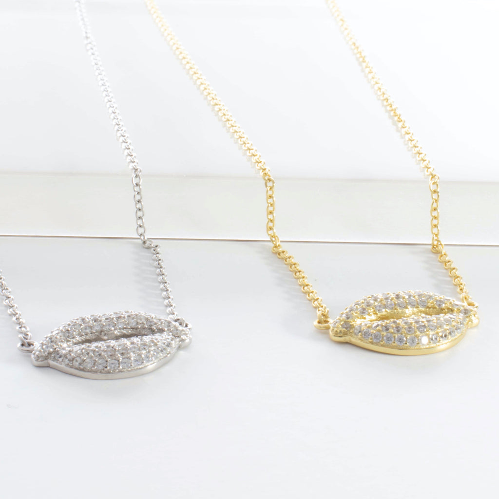 Pave Lips Pendant Necklace - Gold or Silver