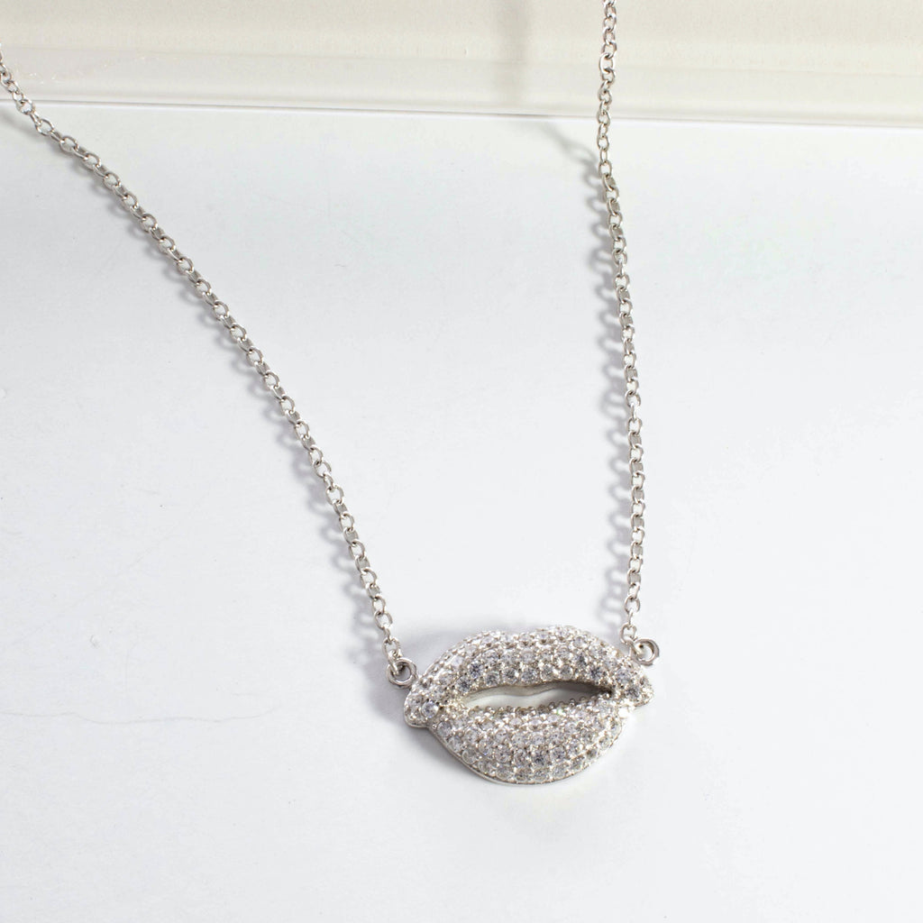 Pave Lips Pendant Necklace - Gold or Silver