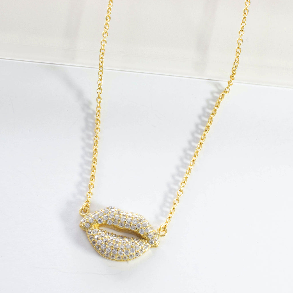Pave Lips Pendant Necklace - Gold or Silver