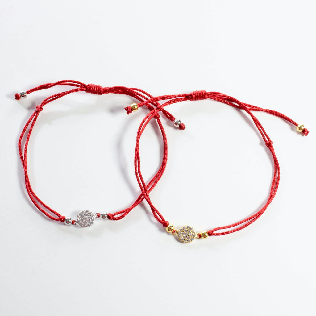 Red String CZ Disc Bracelet - Gold or Silver