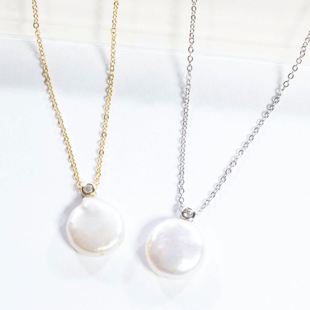 Single Pearl Pendant With CZ Necklace - Gold or Silver