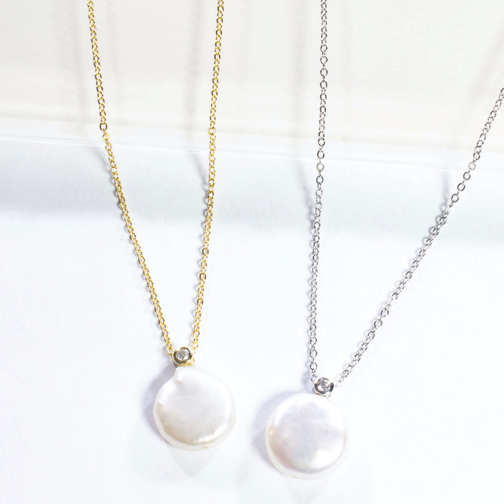 Single Pearl Pendant With CZ Necklace - Gold or Silver