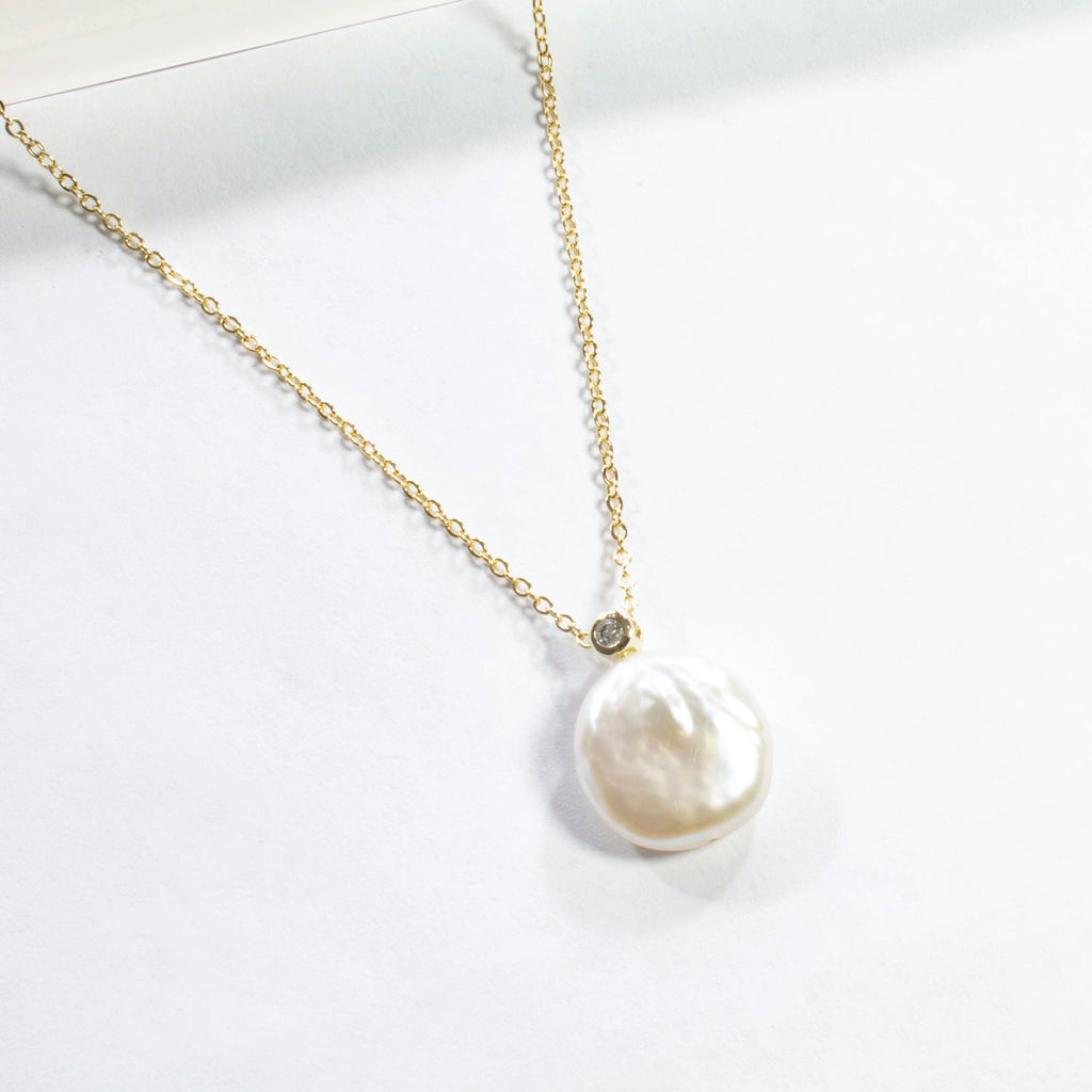 Single Pearl Pendant With CZ Necklace - Gold or Silver