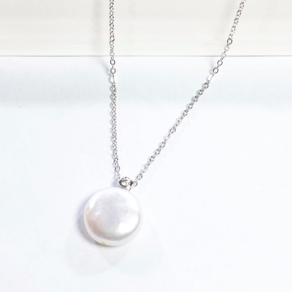 Single Pearl Pendant With CZ Necklace - Gold or Silver