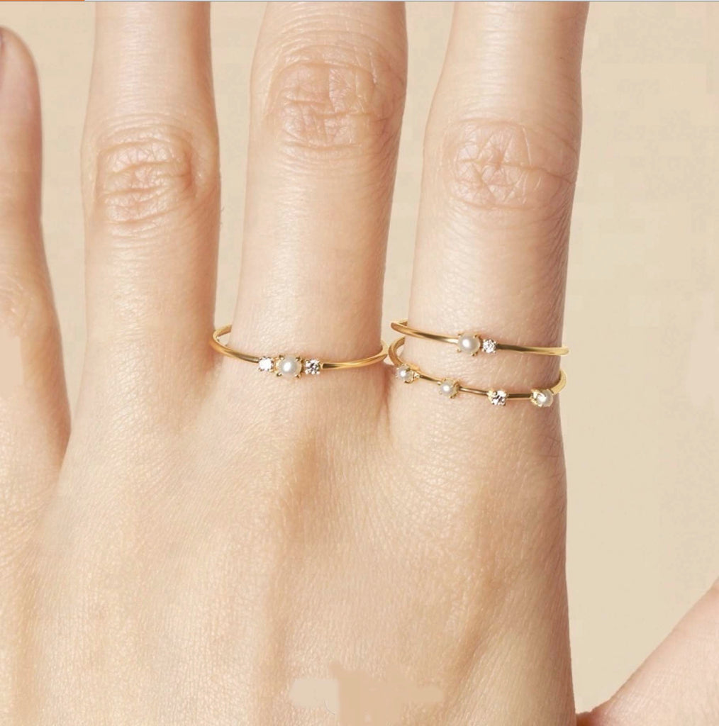 Simple Thin Stackable Pearl/CZ Ring - Gold