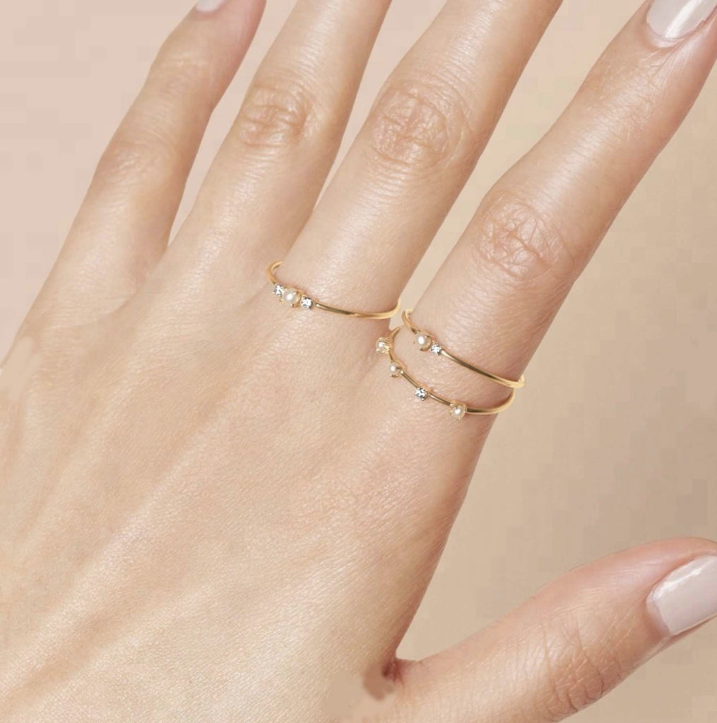 Simple Thin Stackable Pearl/ 2 CZ Ring - Gold