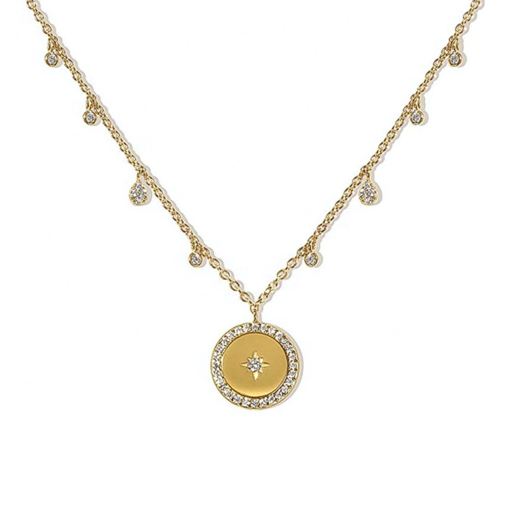 CZ Starburst Disc Necklace - Gold