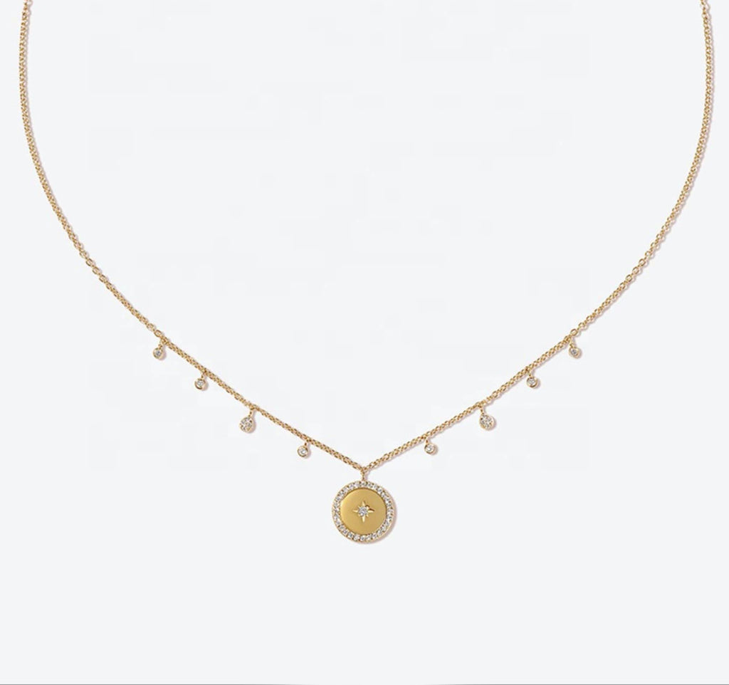 CZ Starburst Disc Necklace - Gold