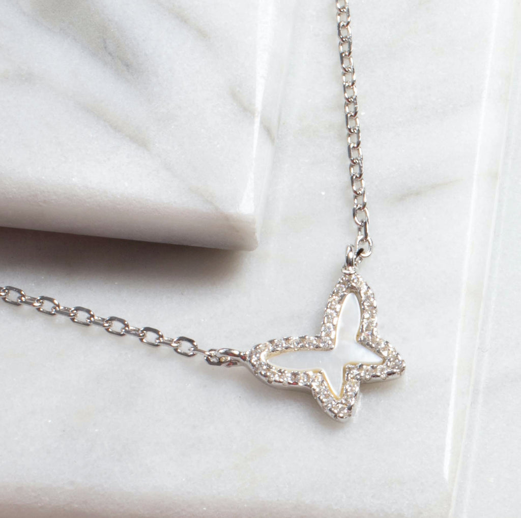 Tiny Mother of Pearl Butterfly Necklace - Gold or Silver-Necklaces-Balara Jewelry