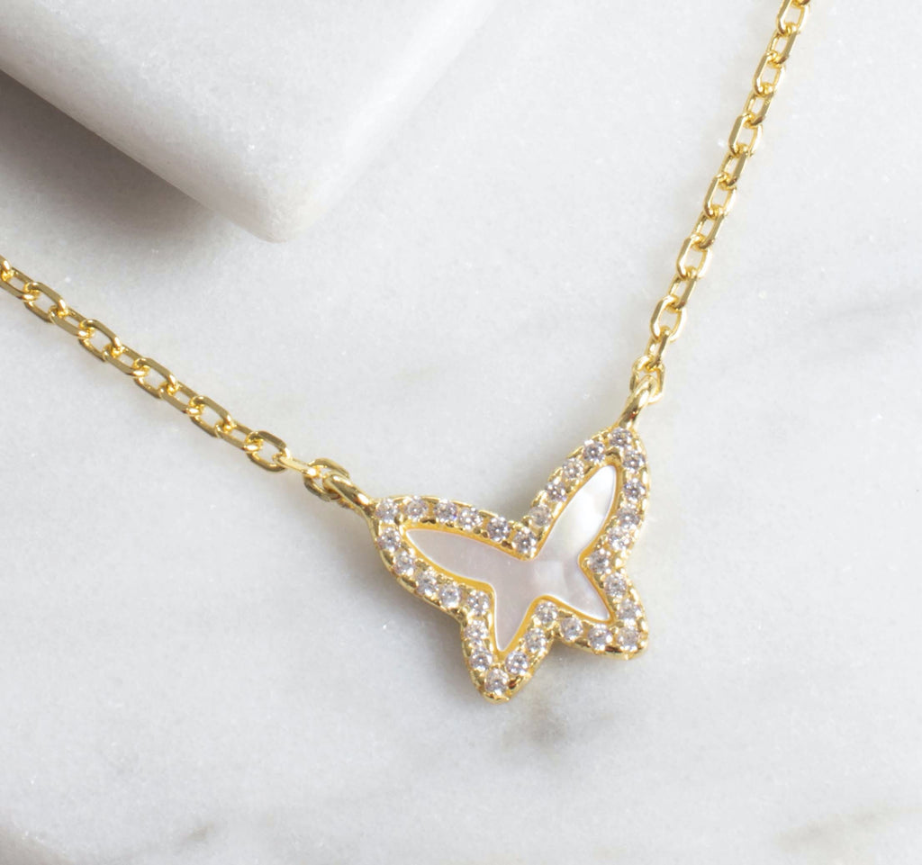 Tiny Mother of Pearl Butterfly Necklace - Gold or Silver-Necklaces-Balara Jewelry