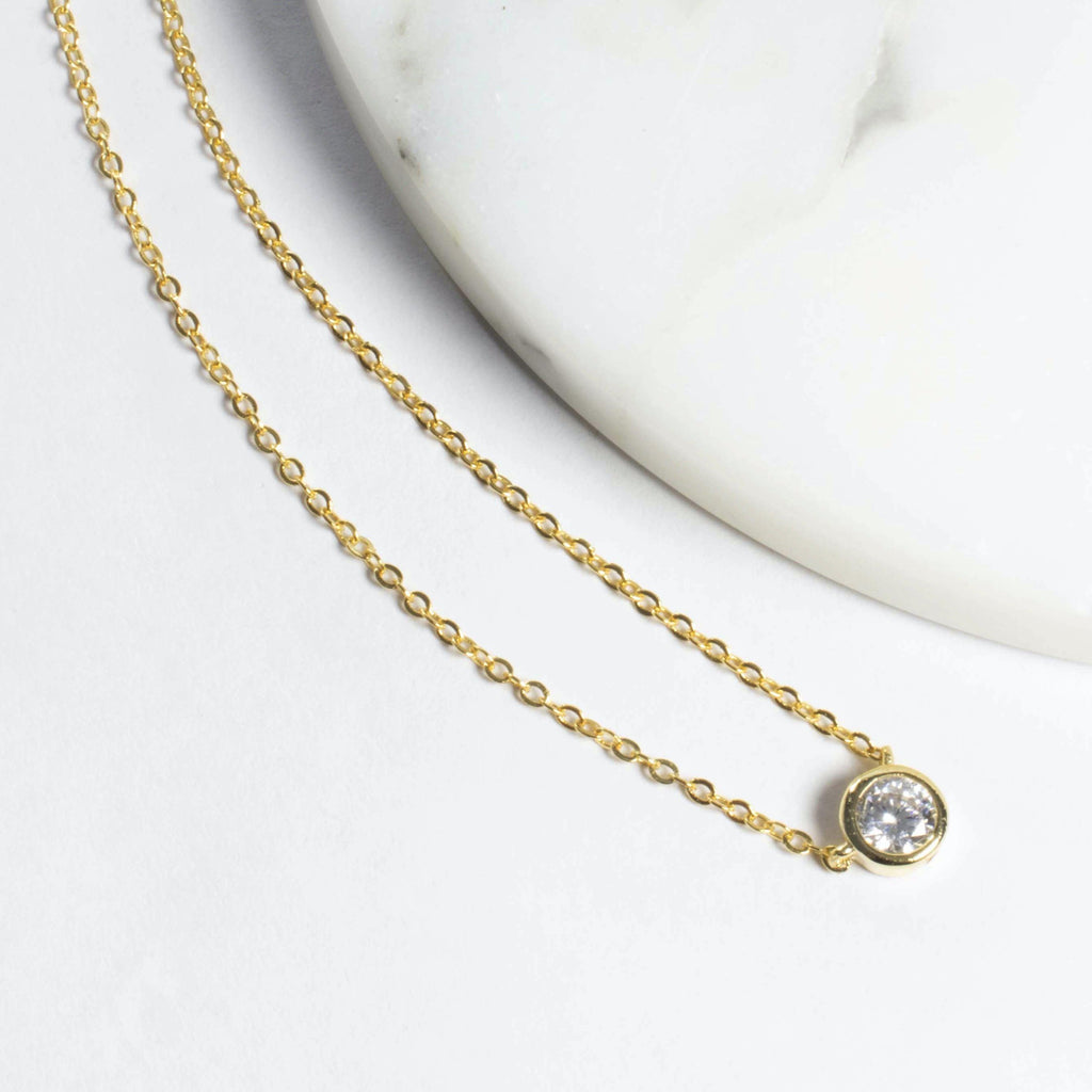 Bezel CZ Solitaire Necklace - Gold or Silver-Necklaces-Balara Jewelry