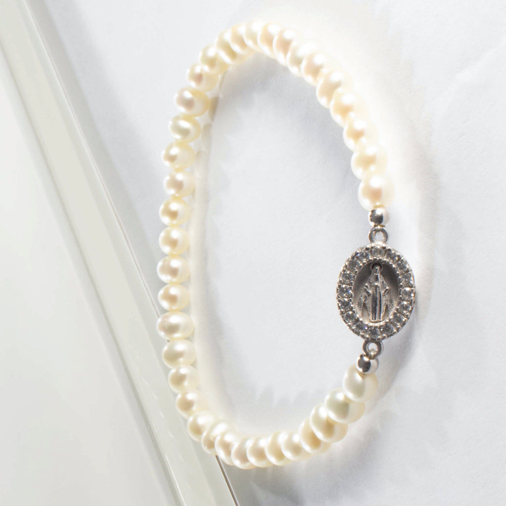 Freshwater Pearl Stretch Bracelet With Religious CZ Charm - Gold or Silver