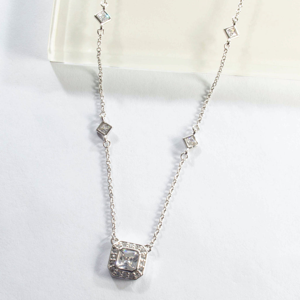 Cubic Zirconia Halo Pendant Necklace - Silver