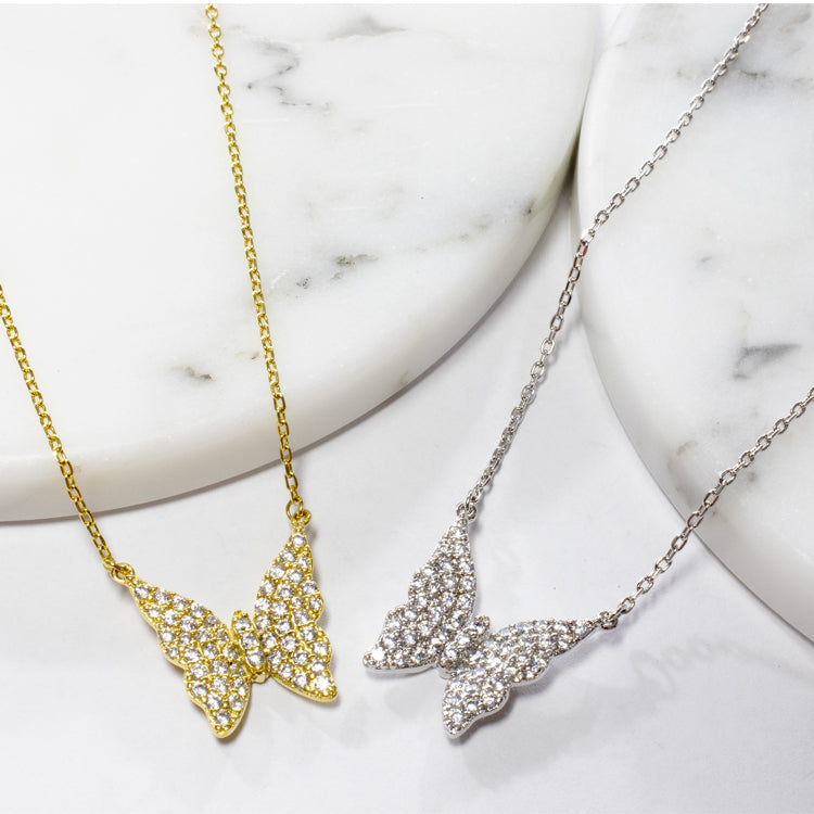 Sterling Silver Pave Butterfly Necklace - Gold or Silver-Necklaces-Balara Jewelry