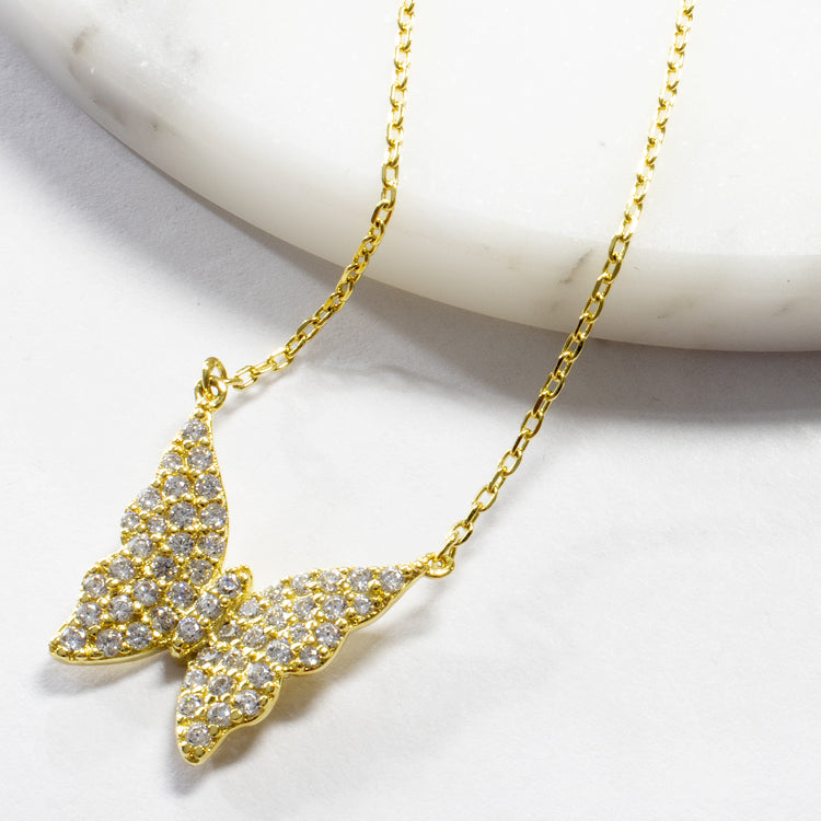Sterling Silver Pave Butterfly Necklace - Gold or Silver-Necklaces-Balara Jewelry