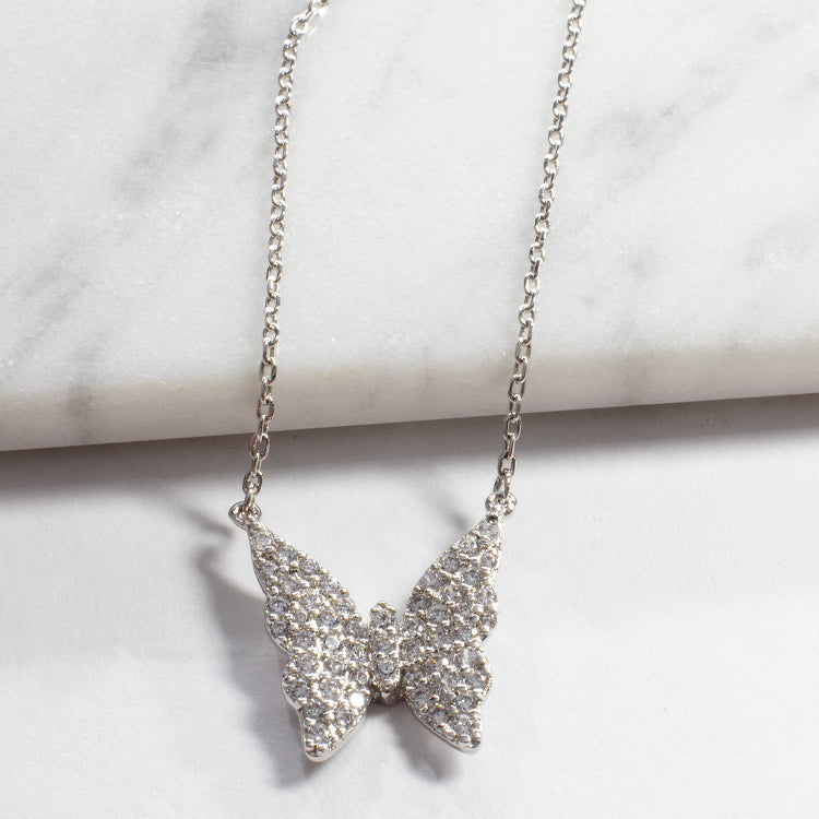 Sterling Silver Pave Butterfly Necklace - Gold or Silver-Necklaces-Balara Jewelry