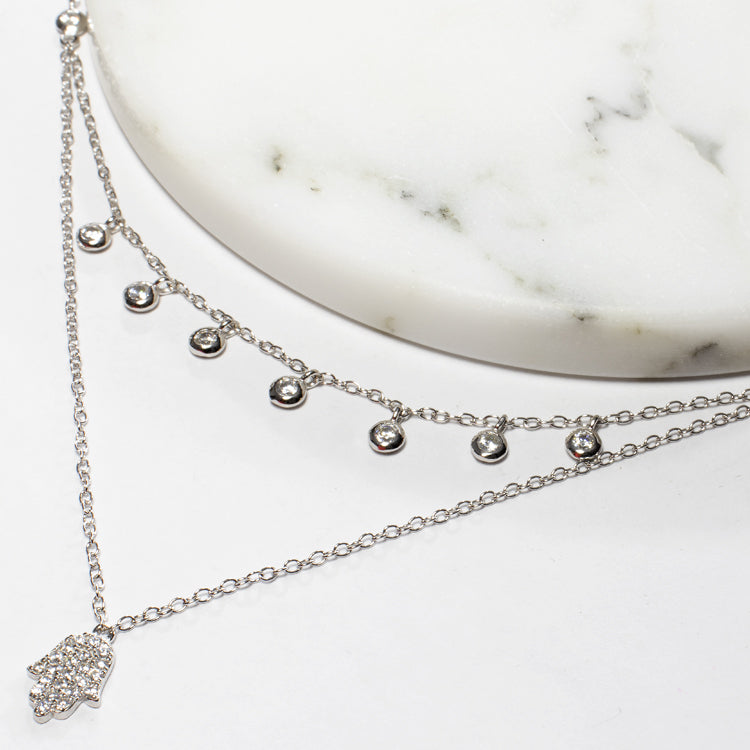 Double Chain Hamsa and CZ Layering Necklace-Necklaces-Balara Jewelry