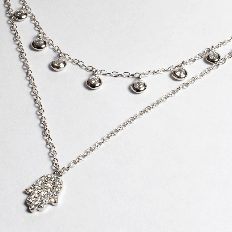 Double Chain Hamsa and CZ Layering Necklace-Necklaces-Balara Jewelry