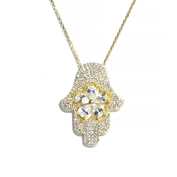Sterling Silver CZ Hamsa Necklace-Necklaces-Balara Jewelry