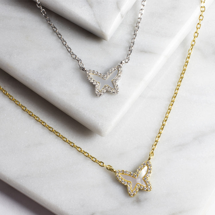 Tiny Mother of Pearl Butterfly Necklace - Gold or Silver-Necklaces-Balara Jewelry