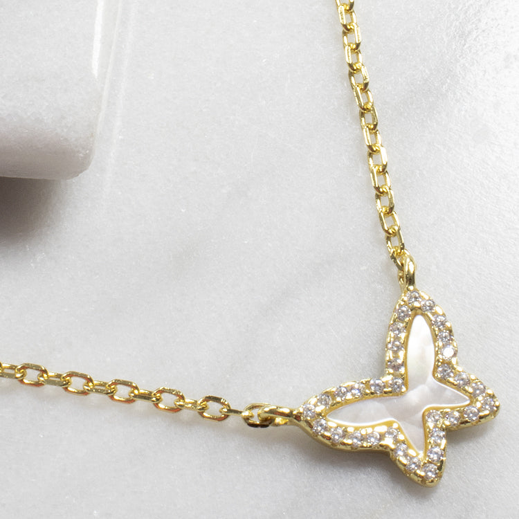 Tiny Mother of Pearl Butterfly Necklace - Gold or Silver-Necklaces-Balara Jewelry