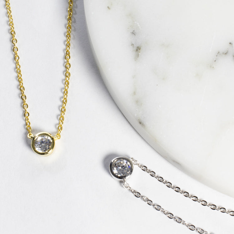 Bezel CZ Solitaire Necklace - Gold or Silver-Necklaces-Balara Jewelry