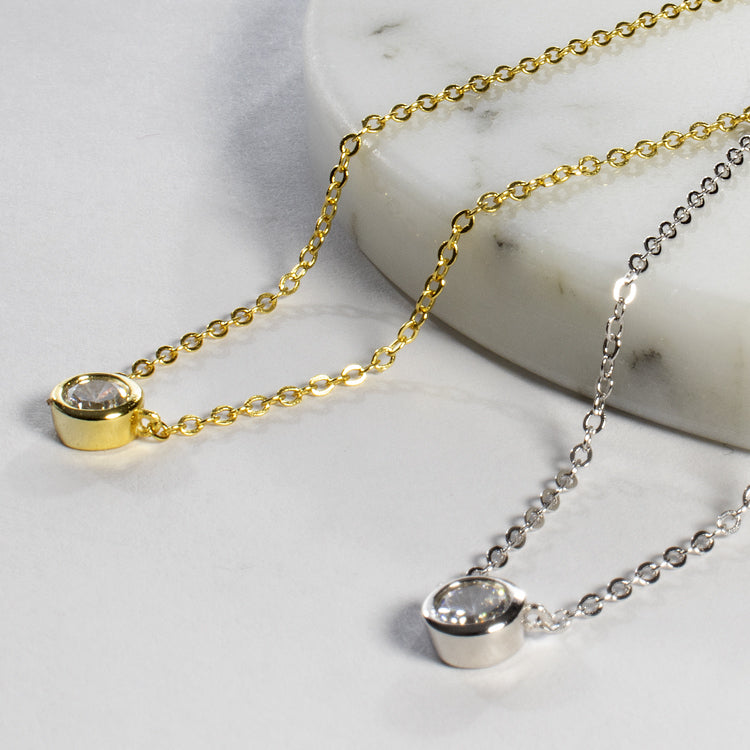 Bezel CZ Solitaire Necklace - Gold or Silver-Necklaces-Balara Jewelry