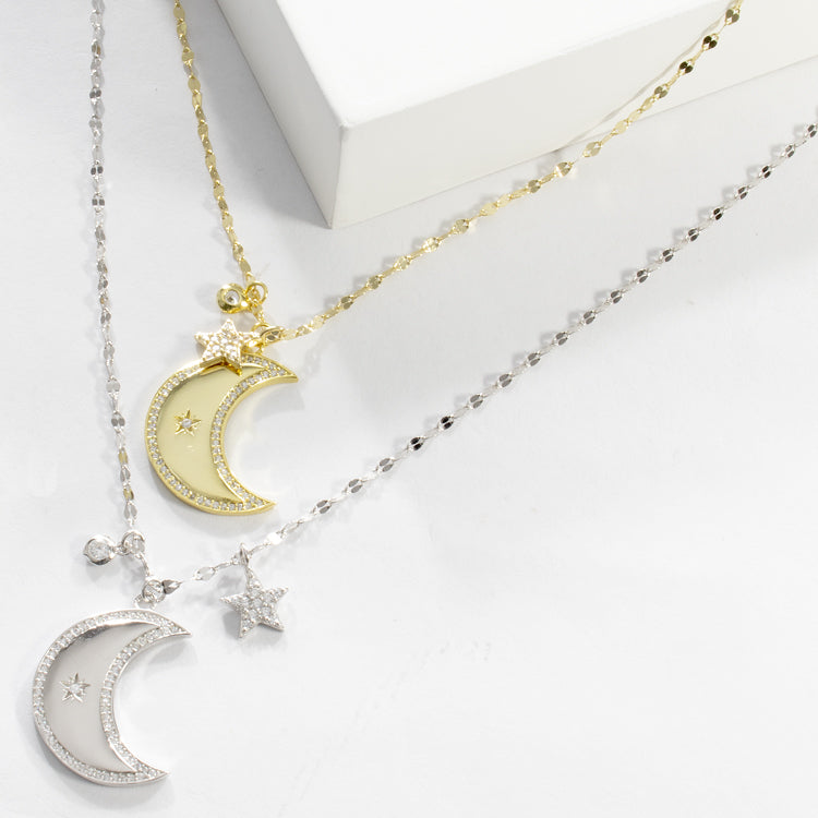 CZ Moon & Star Necklace - Gold or Silver-Necklaces-Balara Jewelry