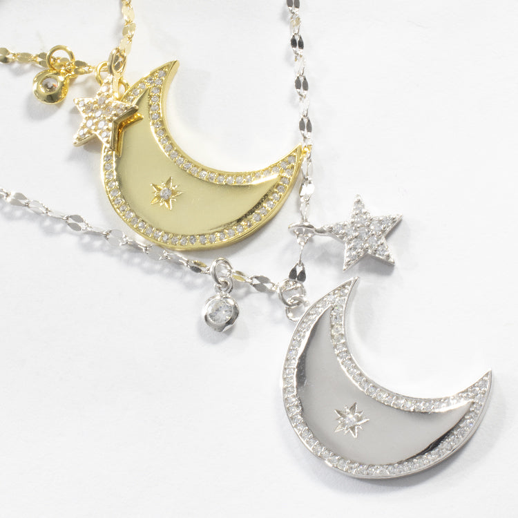 CZ Moon & Star Necklace - Gold or Silver-Necklaces-Balara Jewelry