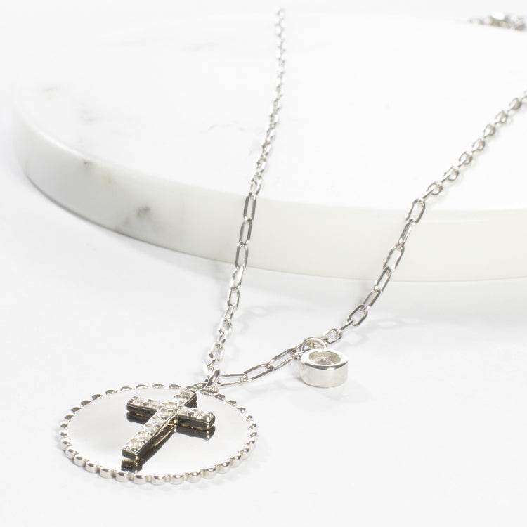 CZ Cross Disc Necklace-Necklaces-Balara Jewelry