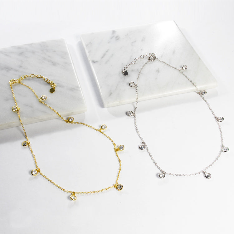 Multi Bezel CZ Drop Choker - Gold or Silver-Necklaces-Balara Jewelry