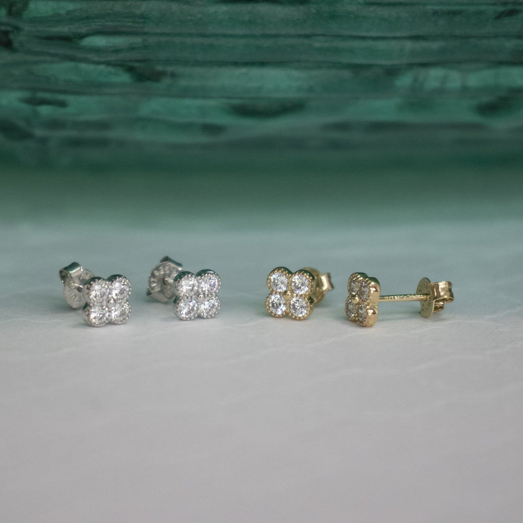 Bezel CZ Flower Studs - Gold or Silver