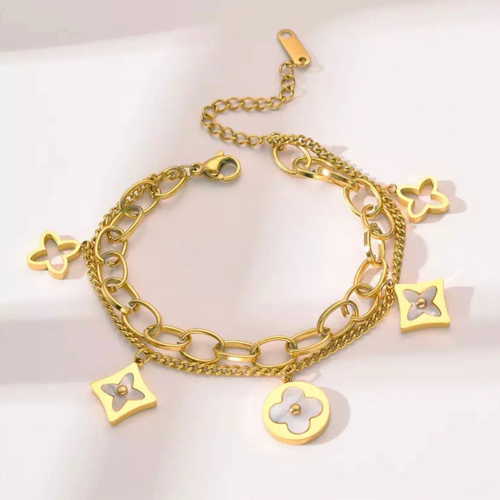 MOP Four Leaf Clover Charms Bracelet - Gold and Silver.