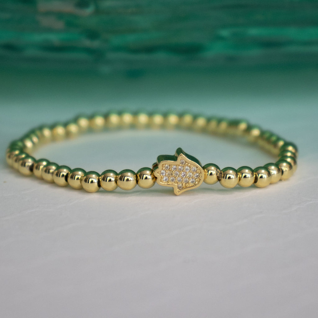 Stretch Beaded CZ Hamsa Bracelet - Gold