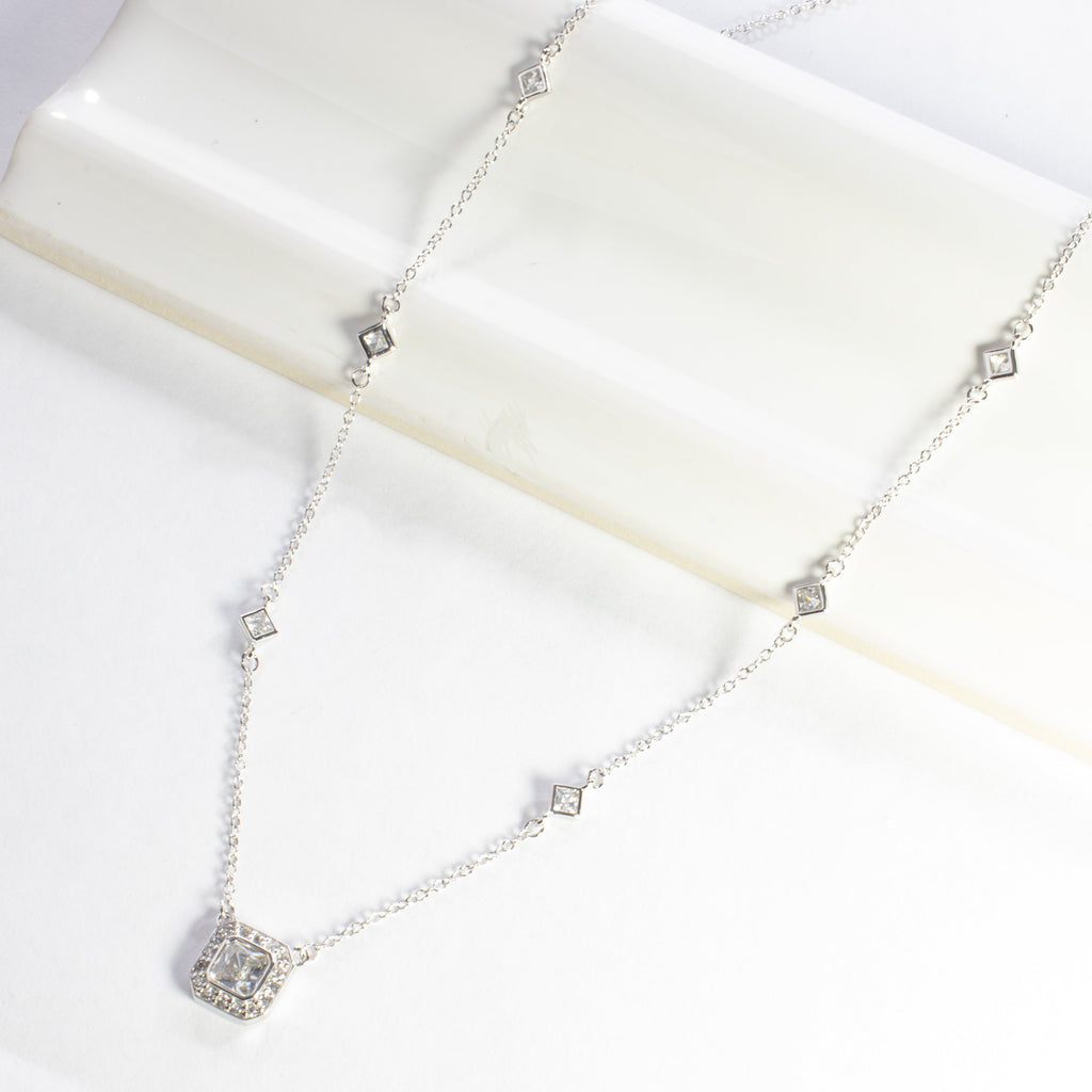 Cubic Zirconia Halo Pendant Necklace - Silver