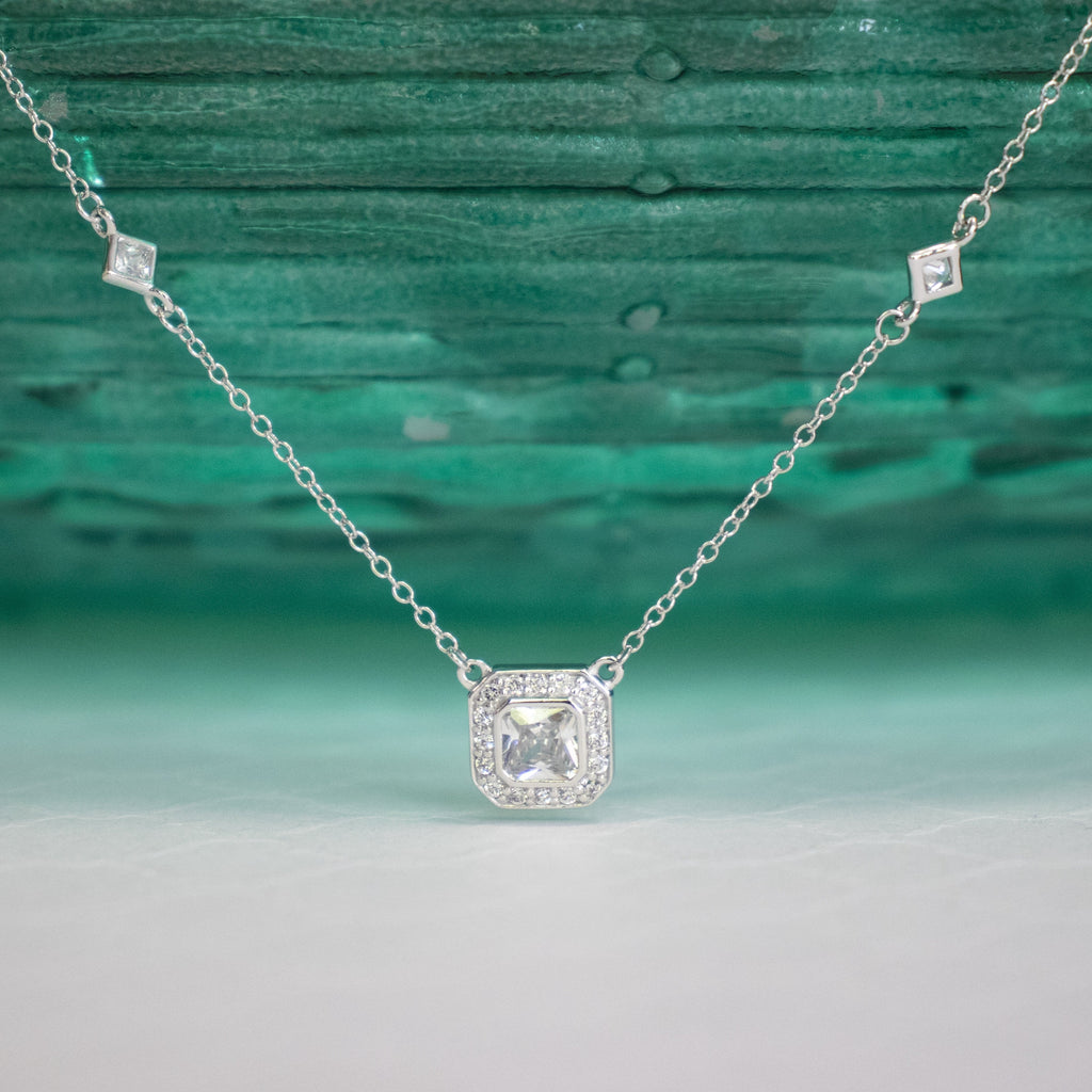 Cubic Zirconia Halo Pendant Necklace - Silver