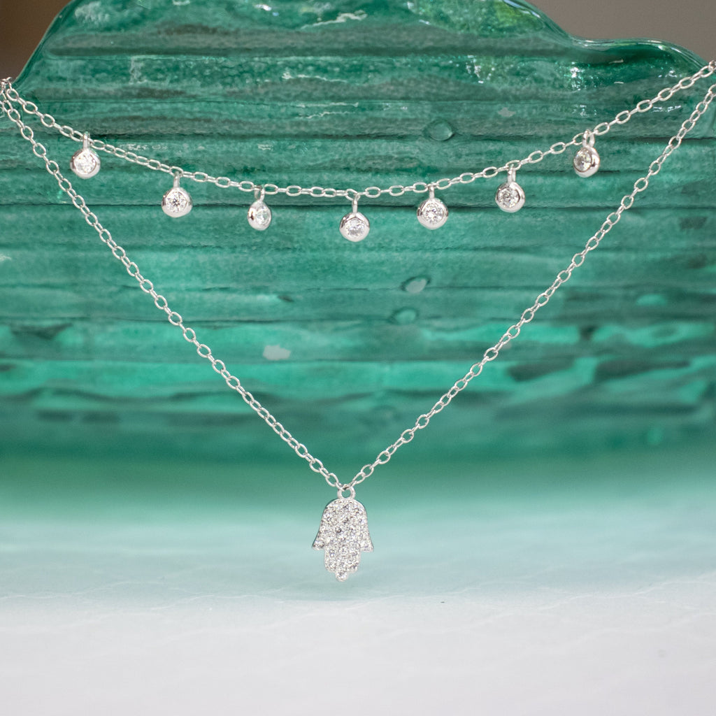 Double Chain Hamsa and CZ Layering Necklace - Silver