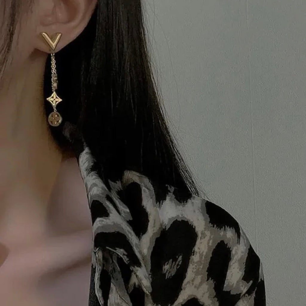 Designer Inspired Clover Dangling Earrings - Gold