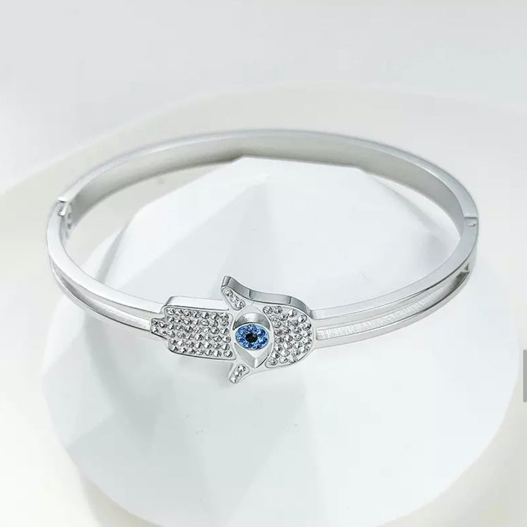 CZ Hamsa - Evil Eye Bangle Bracelet - Gold and Silver