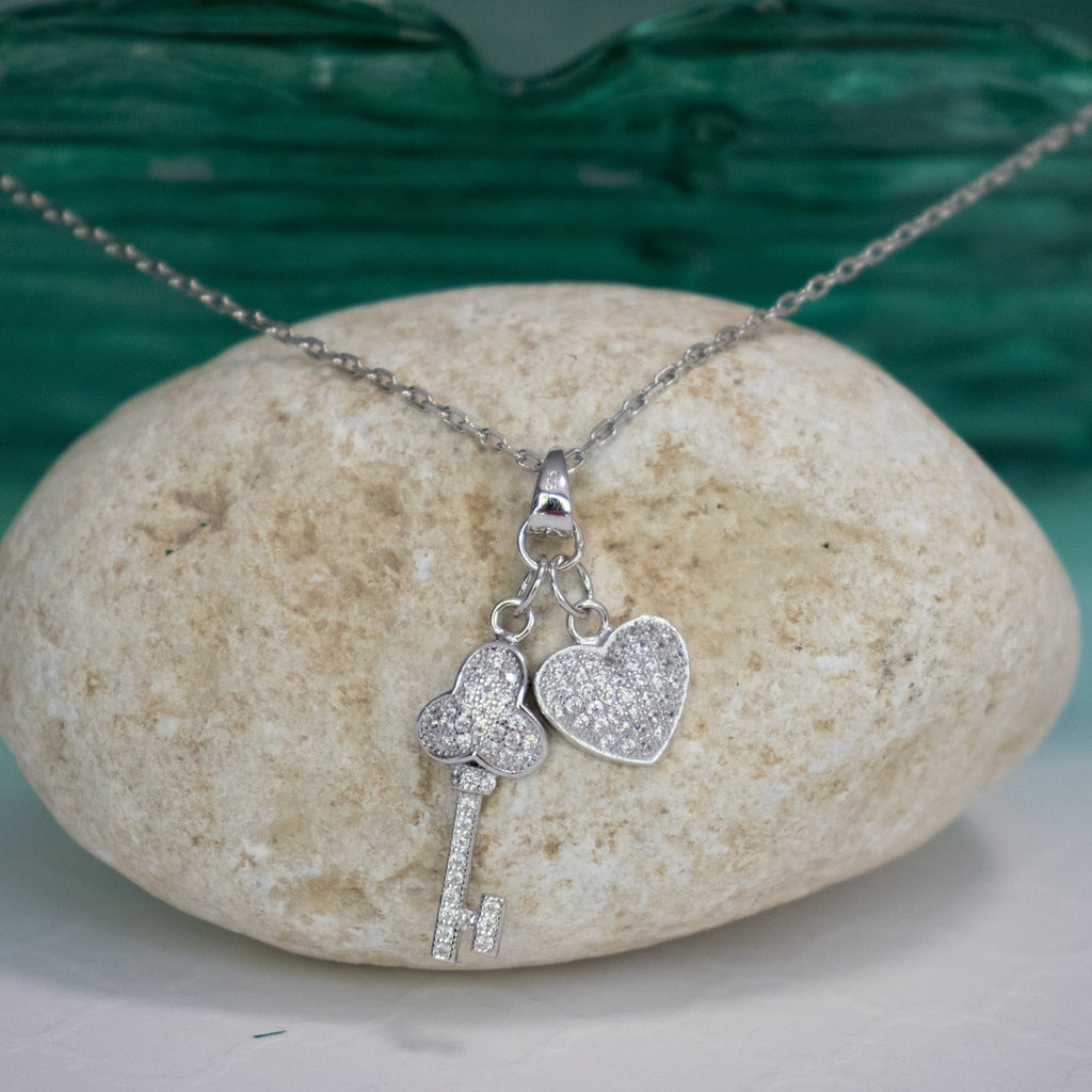Pave Heart and Key Pendant Necklace