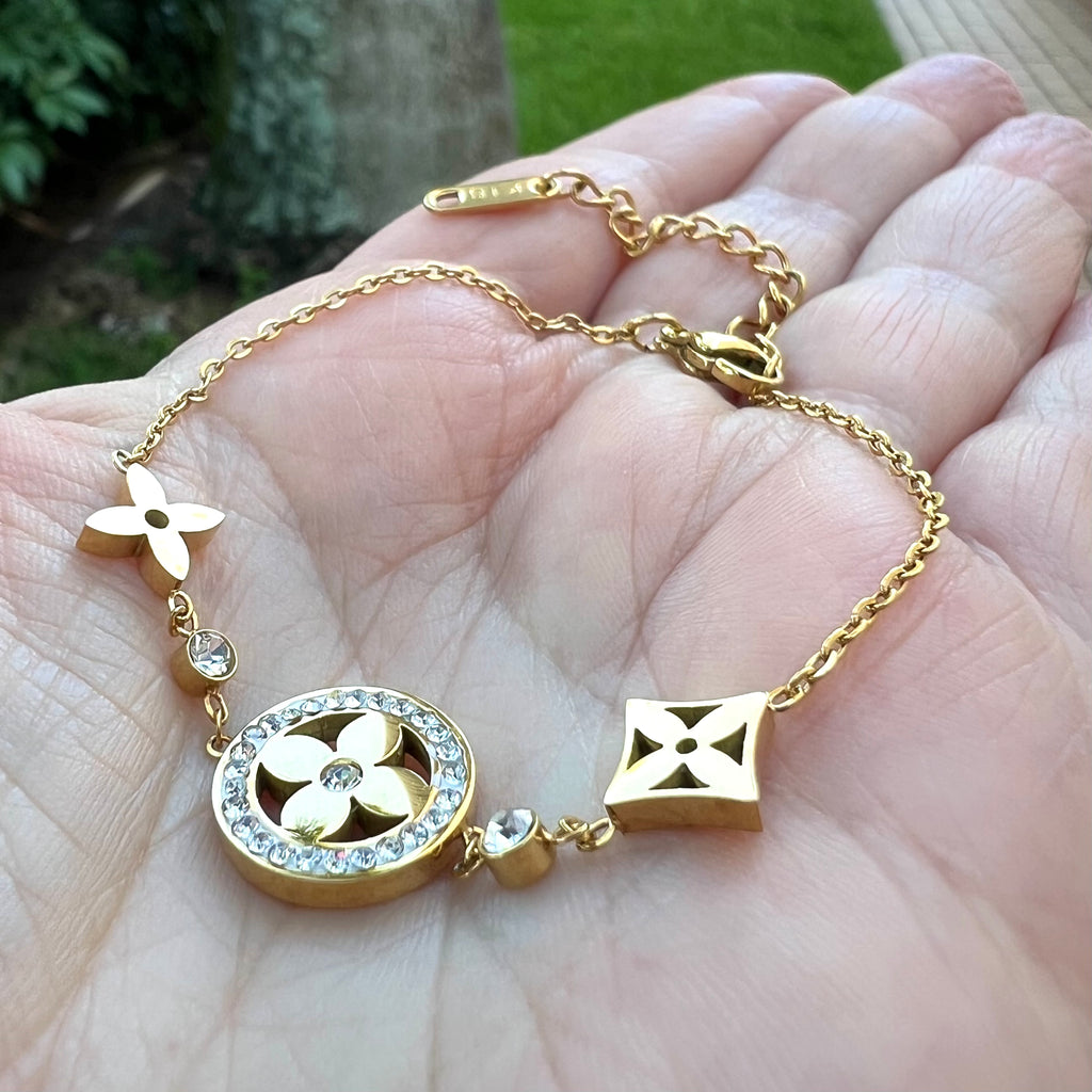 CZ Design Clover Chain Bracelet - Gold