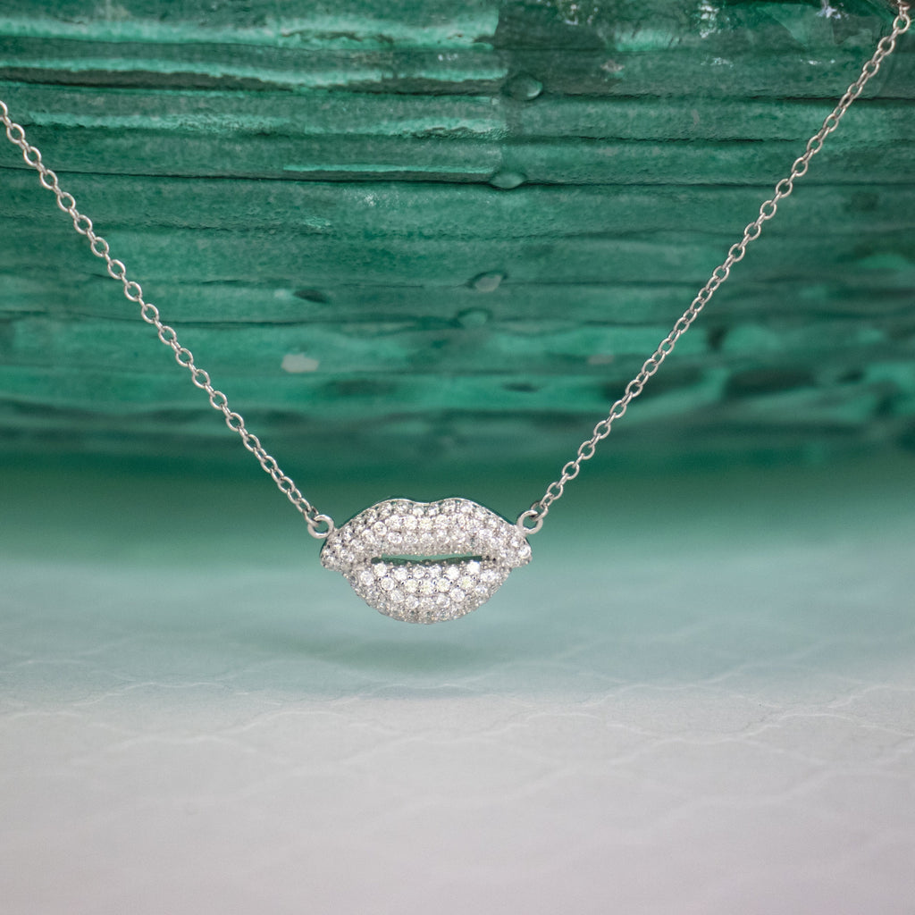Pave Lips Pendant Necklace - Gold or Silver