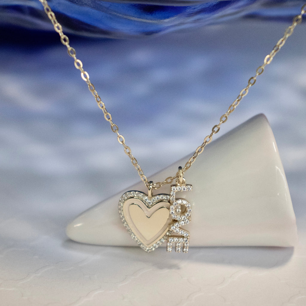 Heart and Love CZ Pendant Necklace - Gold