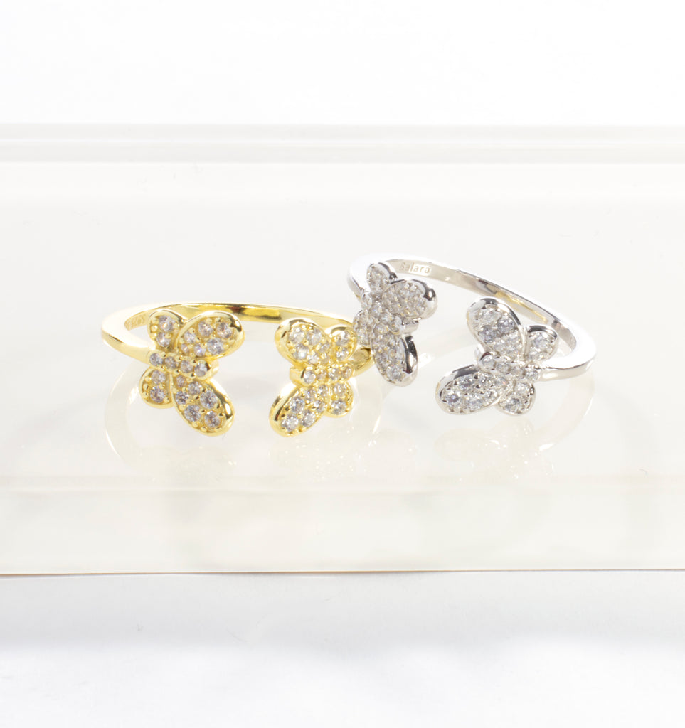 CZ Adjustable Double Butterfly Ring - Gold or Silver