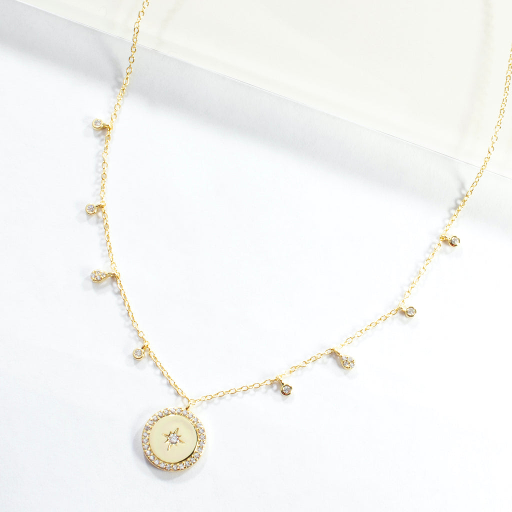 CZ Starburst Disc Necklace - Gold